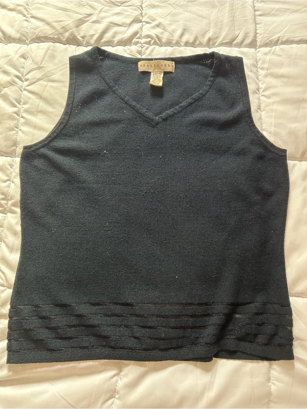 Vintage Apostrophe Black Knit Sweater Vest Sheer Stripe Hem L 14 Y2K
